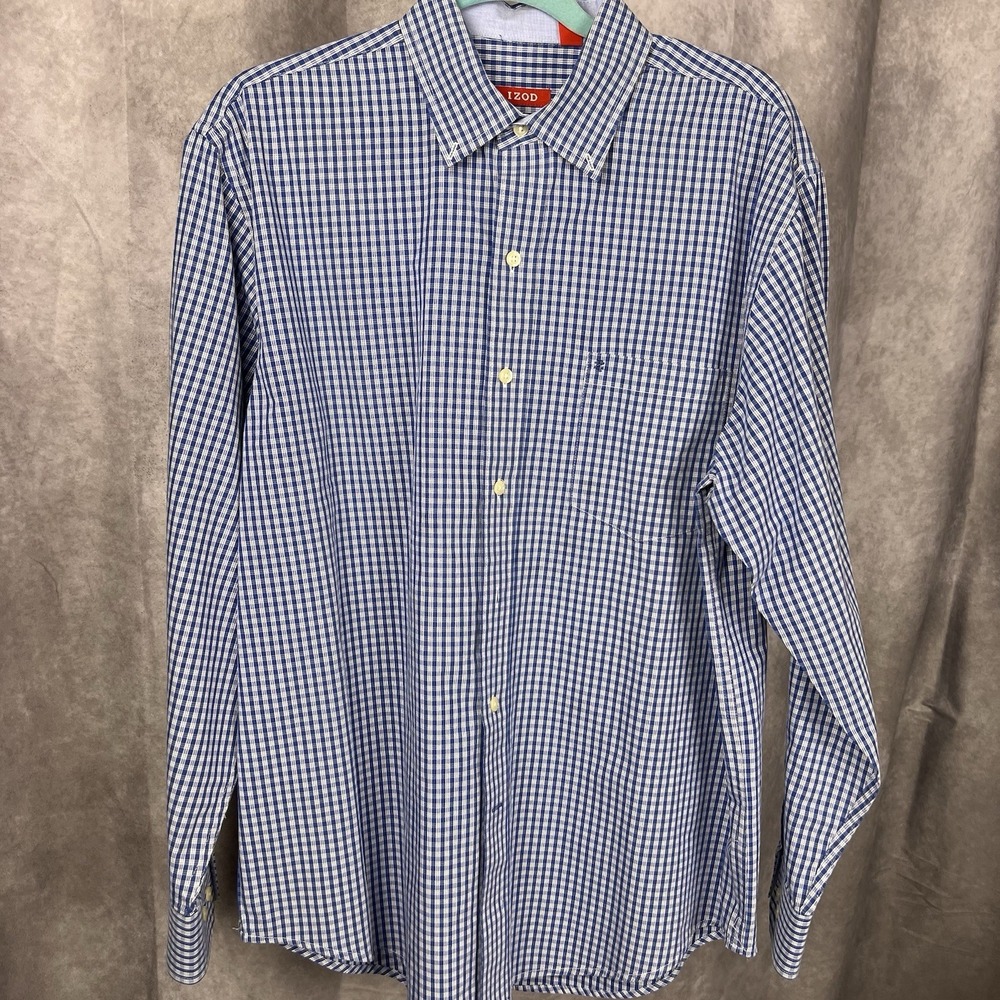 Izod Shirt Men's Gingham Check Large Blue 100% Cotton - excellent condition